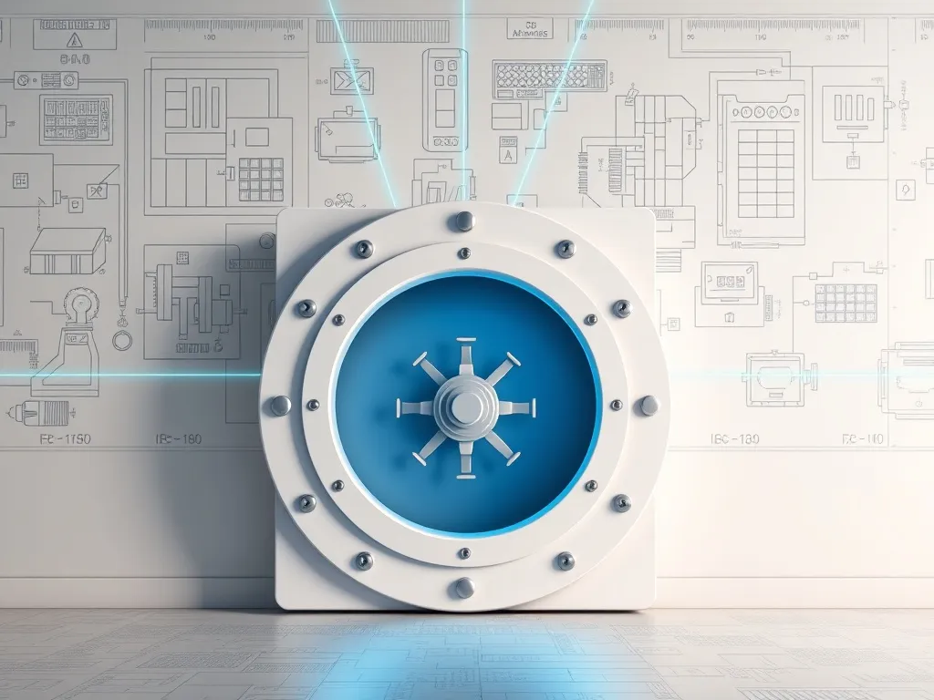A minimalist 3D render of a secure vault door, technical blu