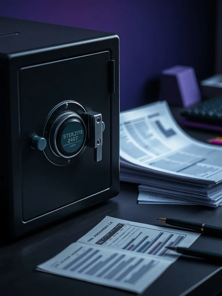 A professional close-up of a dark metallic safe and organize