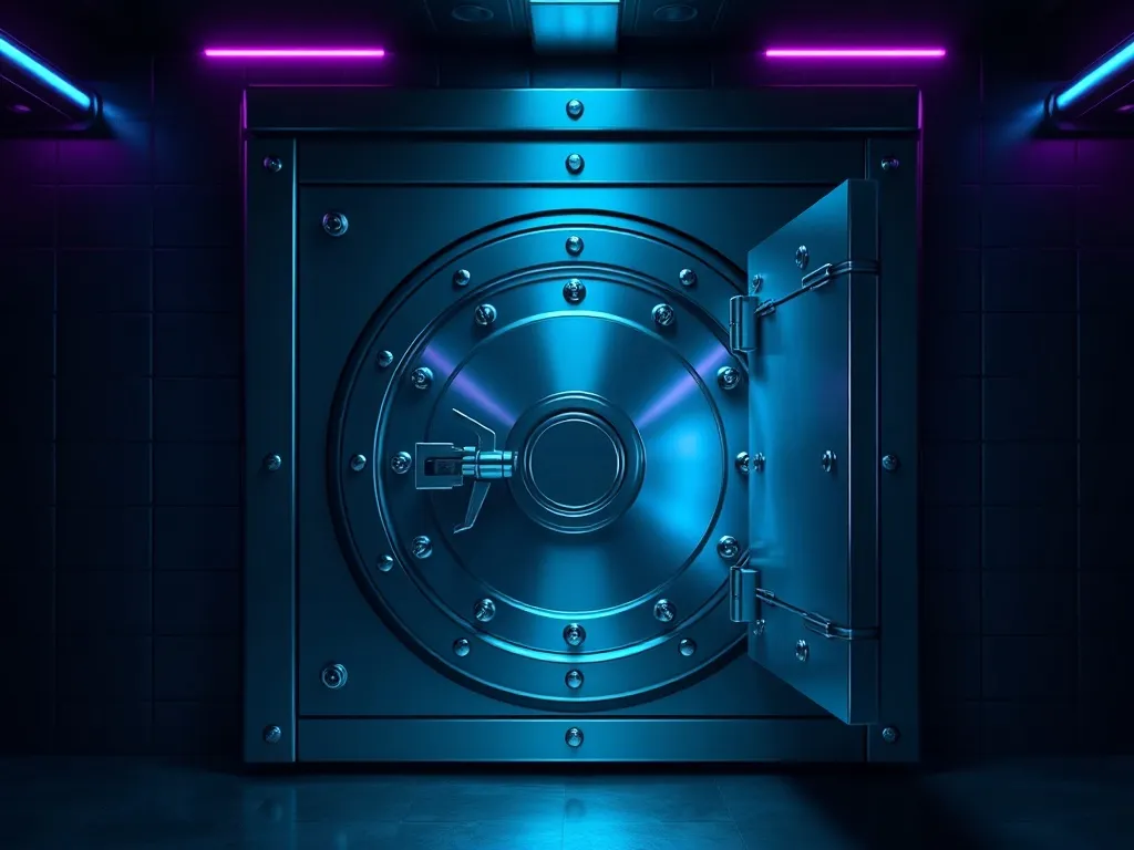 A high-tech metallic safe vault door in a dark room with cya